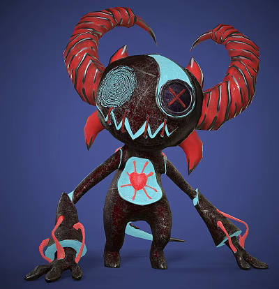3D Character Creature Design With Black Body Red Horns Blue Eyes And Heart Symbol 3d model