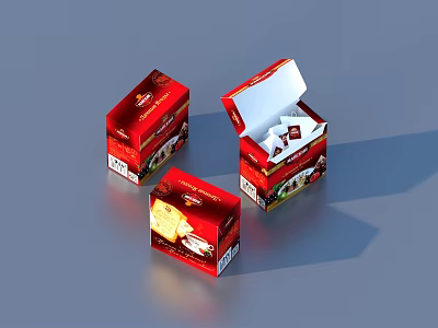Red Tea Bag Packaging Boxes With Open Lid And White Sachets For Daily Use 3d model