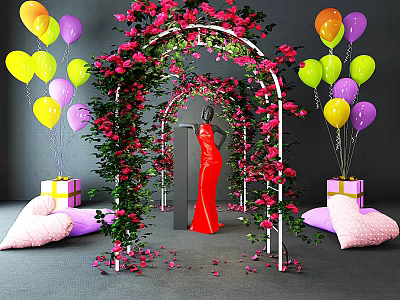 Elegant Window Display With Flower Arch Colorful Balloons Gift Boxes And Red Dress Mannequin 3d model