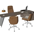Modern Office Desk With Wooden Top Metal Legs Table Lamp Computer Monitor And Two Chairs