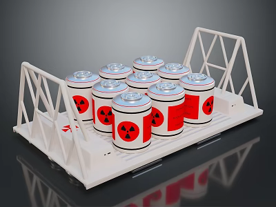 Multiple Radioactive Cans Arranged on White Metal Storage Rack 3d model