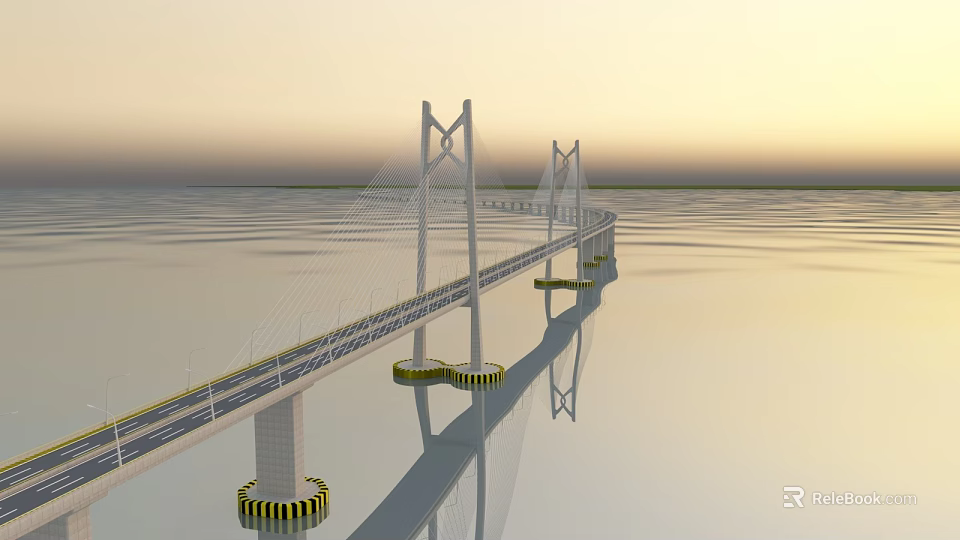Modern Cable Stayed Bridge Spanning Calm Water With Tall Pylons And Sunset Reflection 3d model