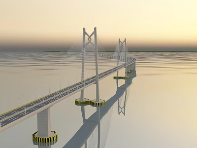 Modern Cable Stayed Bridge Spanning Calm Water With Tall Pylons And Sunset Reflection 3d model