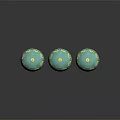 Three Turquoise Christmas Ornaments With Gold Leaf Patterns And Shiny Reflections