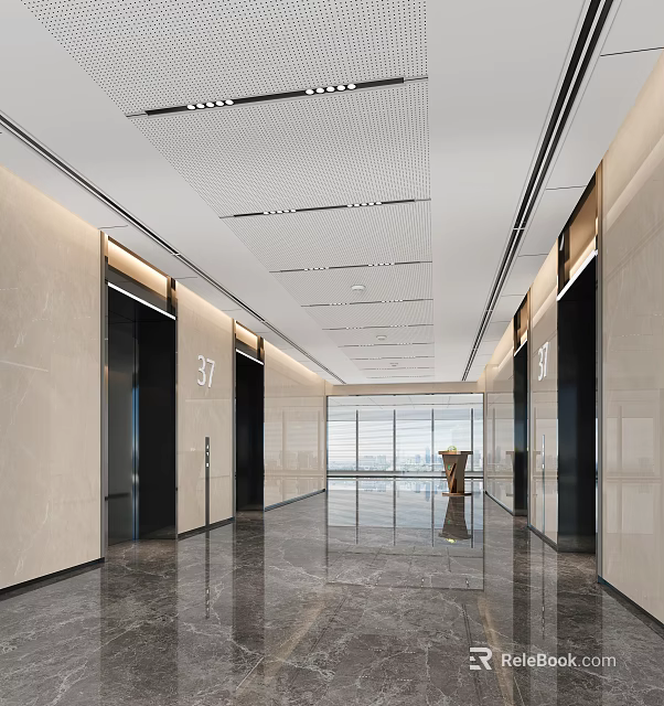 Modern Elevator Hallway Design With Numbered Doors Marble Floor And Floor to Ceiling Window 3d model