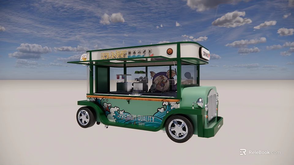 Green And White Ice Cream Food Truck With Transparent Window And Decorative Waves 3d model 