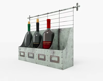 Industrial Style Metal Wine Rack With Wall Mounted Hooks Holding Wine Bottles 3d model
