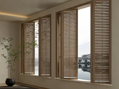 Modern Wooden Blinds Installed on Windows with Outdoor Water View and Indoor Plant 3d model