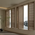 Modern Wooden Blinds Installed on Windows with Outdoor Water View and Indoor Plant