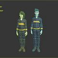 Two Men In Blue Uniforms With Yellow Stripes Standing On Dark Background