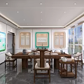 Elegant Store Front Desk With Long Table Chairs Decorative Shelves Large Screen And Window View