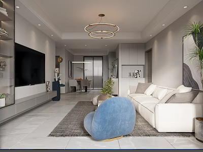 Modern Living Dining Room Interior With White Sofa Blue Chair TV Wall And Plants 3d model