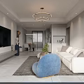 Modern Living Dining Room Interior With White Sofa Blue Chair TV Wall And Plants