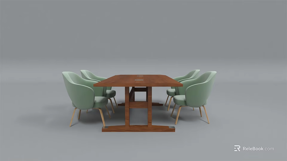 Minimalist Dining Table Set With Wooden Table And Light Green Chairs 3d model