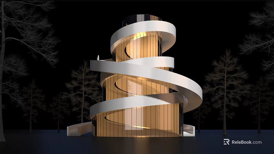 Modern Spiral Library Building With Glass Facade Wooden Elements Night Lighting And Surrounding Trees 3d model 