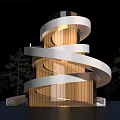 Modern Spiral Library Building With Glass Facade Wooden Elements Night Lighting And Surrounding Trees