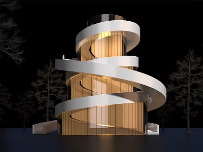 Modern Spiral Library Building With Glass Facade Wooden Elements Night Lighting And Surrounding Trees 3d model