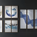 Modern Abstract Paintings With Blue Wave Patterns And Round Square Frames On Wall 3d model