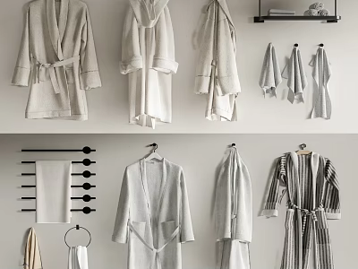 Elegant Light Colored Bath Robes And Soft Towels Hanging On Wall Hooks And Racks 3d model