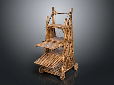 Vintage Rustic Wooden Cart Featuring Multiple Shelves And Rolling Wheels Design 3d model