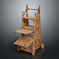 Vintage Rustic Wooden Cart Featuring Multiple Shelves And Rolling Wheels Design
