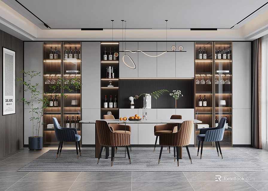 Modern Restaurant Interior With Wine Racks Dining Table Chairs And Hanging Lights 3d model