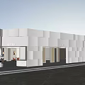 Modern Minimalist Commercial Storefront Design With Geometric Wall Panels And Glass Doors