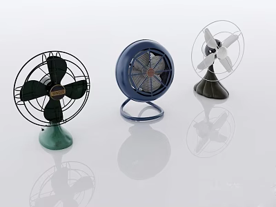 Three Different Air Cooling Fans With Retro Design And Green Blue Black Bases 3d model
