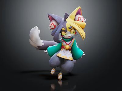 Gray Fur Animal Character Wearing Yellow Crown Green Kimono Red Decor Fluffy Tail Playful Pose 3d model