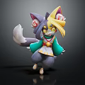 Gray Fur Animal Character Wearing Yellow Crown Green Kimono Red Decor Fluffy Tail Playful Pose