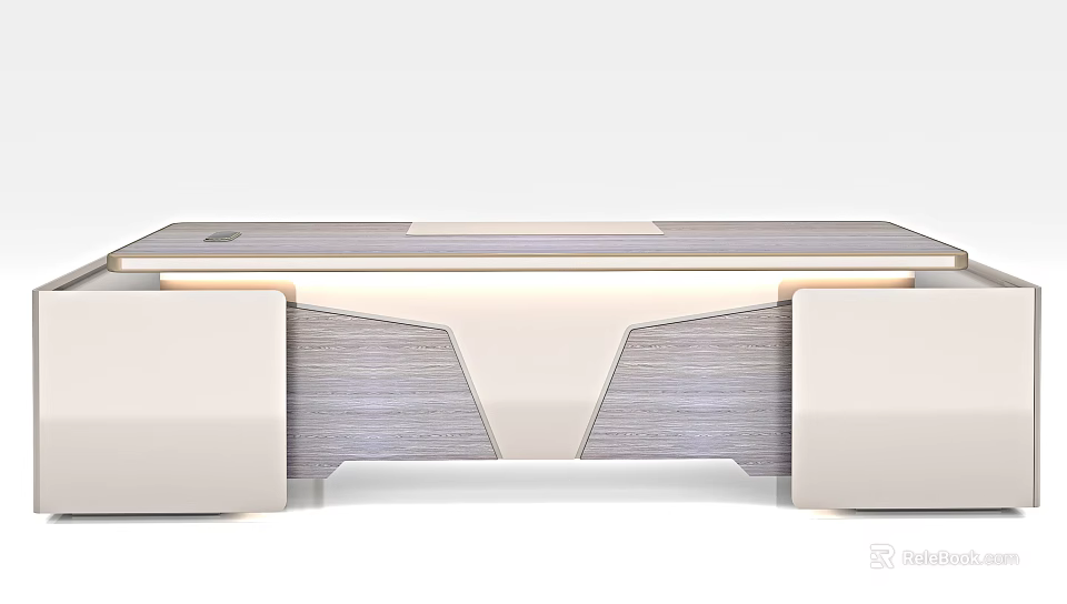 Modern Office Desk Design With LED Lighting Wooden Panel And White Frame 3d model 