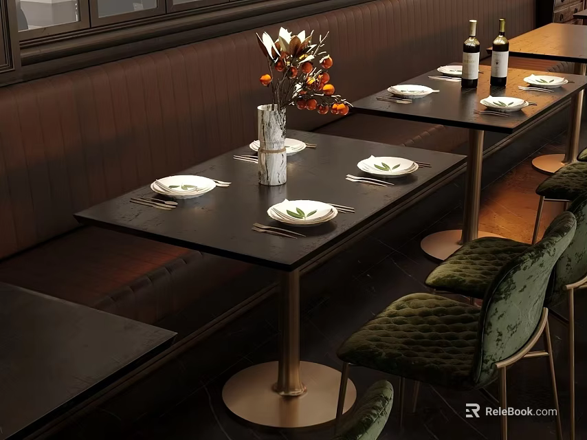 Elegant Black Dining Table Set With Green Chairs Plates Flower Vase And Wine Bottles 3d model 