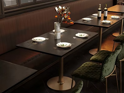 Elegant Black Dining Table Set With Green Chairs Plates Flower Vase And Wine Bottles 3d model