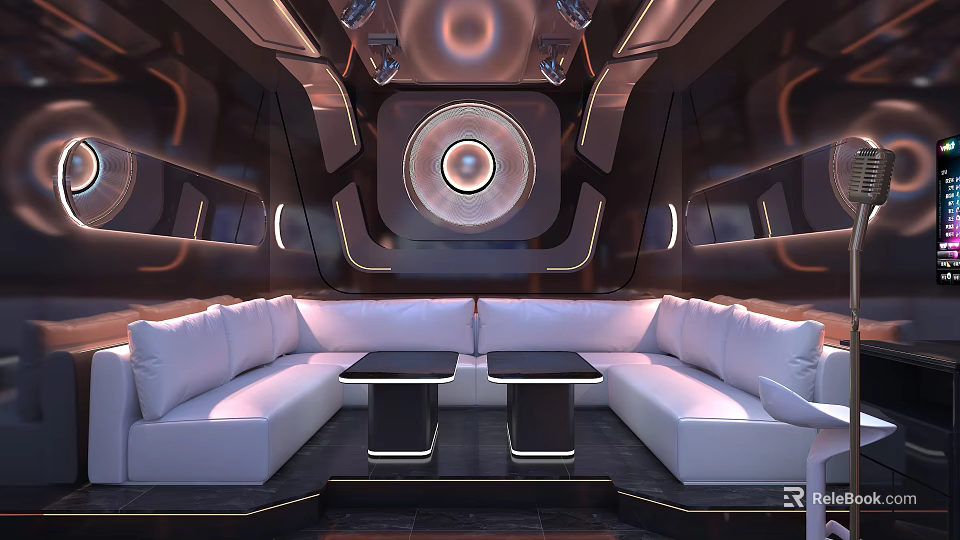 Modern Entertainment Room With White Sofas And Speakers 3d model 
