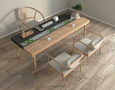 Wooden Tea Table and Chairs with Cushioned Seats Tea Set and Potted Plant 3d model