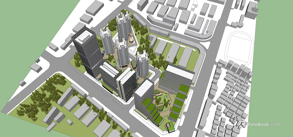 High Rise Residential Buildings in Aerial View With Green Spaces And Surrounding Roads 3d model 