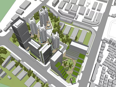 High Rise Residential Buildings in Aerial View With Green Spaces And Surrounding Roads 3d model