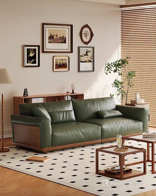 Green Leather Two Seater Sofa with Framed Artworks Floor Lamp Potted Plant and Coffee Table 3d model 