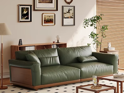 Green Leather Two Seater Sofa with Framed Artworks Floor Lamp Potted Plant and Coffee Table 3d model