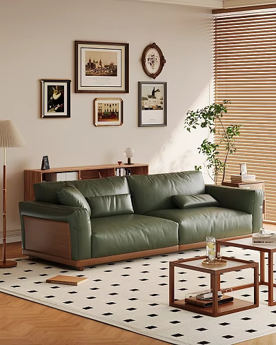 Green Leather Two Seater Sofa with Framed Artworks Floor Lamp Potted Plant and Coffee Table 3d model