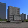 Modern Tall Office Building With Glass Curtain Wall And Urban Street Featuring Cars And Trees
