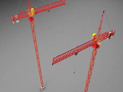 Two Red Tower Cranes As Construction Equipment With Tall Booms And Gray Backdrop 3d model