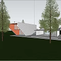 Modern Sales Office Building With Sloped Roof Metal Cladding And Green Lawn Surrounded by Trees
