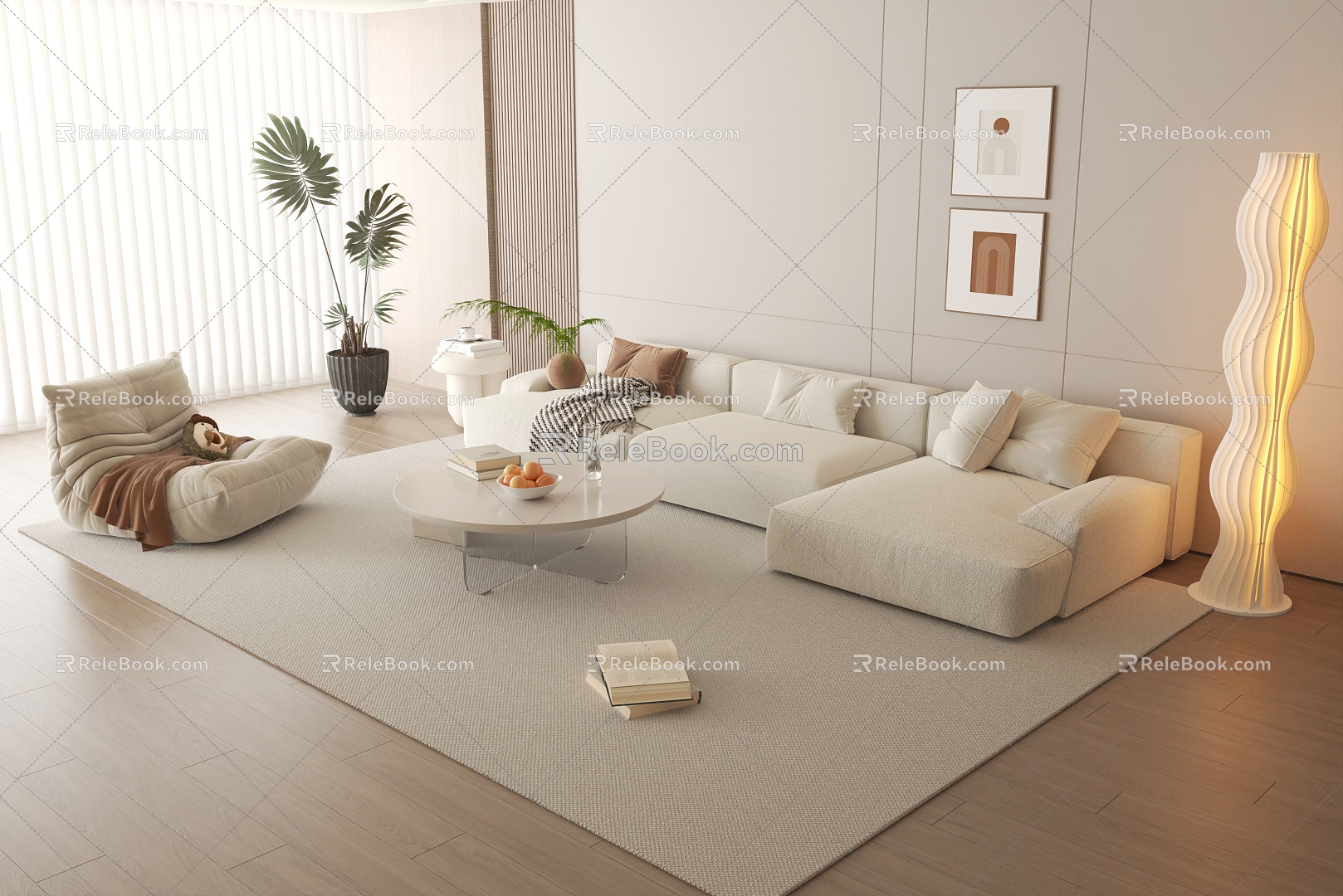 Cream style sofa coffee table combination three-seat sofa lazy sofa carpet floor lamp 3d model