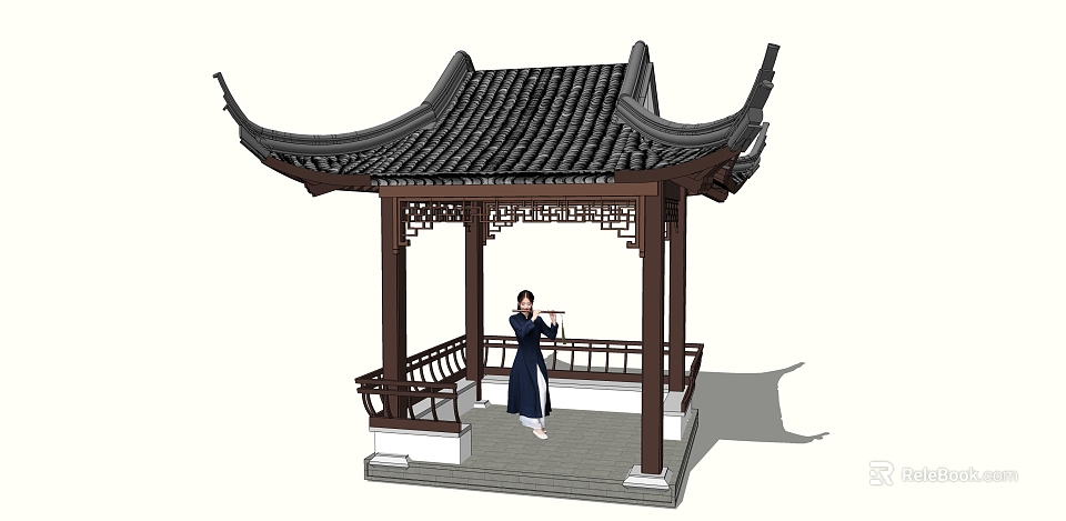 Traditional Chinese Pavilion with Man in Classical Clothing Playing Flute Under Curved Roof 3d model 