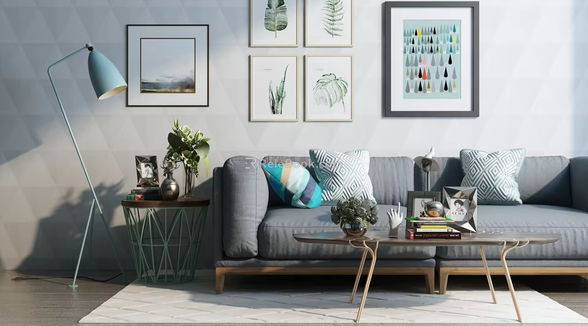 Nordic Double Sofa Coffee Table Combination 3d model