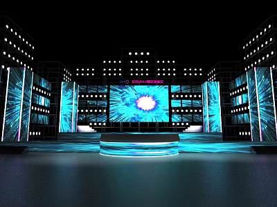 Modern Stage with Large Display Screen Illuminated Panels and Blue Pink Lighting 3d model