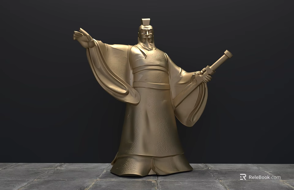 Ancient Golden Landscape Sculpture of Robed Figure With Outstretched Right Hand and Left Holding Object 3d model 