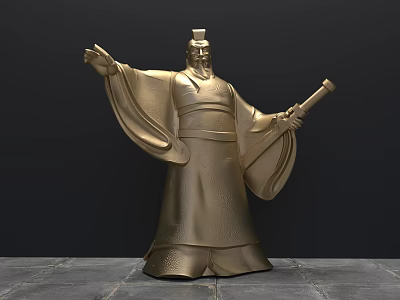 Ancient Golden Landscape Sculpture of Robed Figure With Outstretched Right Hand and Left Holding Object 3d model