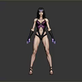Muscular Woman In Purple Black Bodysuit With Headpiece Long Gloves High Heels And Gray Background
